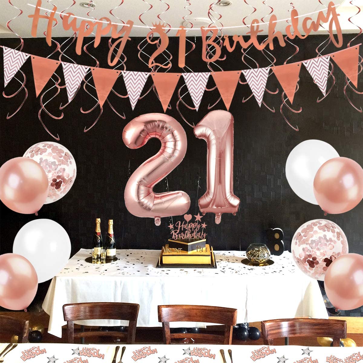 Humairc 21st Rose Gold Birthday Decorations, 21st Happy Birthday Banner Triangle Flag Banners 6pcs Hanging Swirl, Number 21 Balloons 8pcs Latex Balloons Cake Toppers Table Confetti for Women Girls