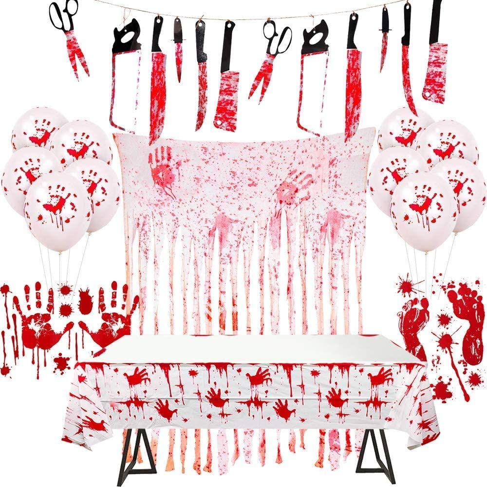 Humairc Halloween Party Decoration Including 12pcs Bloody Garland Torture 1 Bloody Tablecloth 1 Curtain 2 Handprints Footprints Stickers Scary halloween Bloody Balloons for Home Haunted House