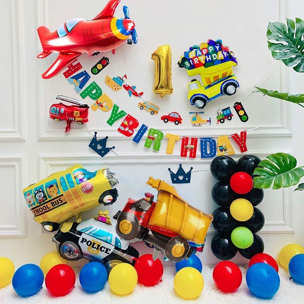 Humairc Boys Birthday Decoration Car Transport Balloon Happy Birthday Banner Construction Vehicle School Bus Fire Truck Plane Cake Topper for Kids Transport Themed Party