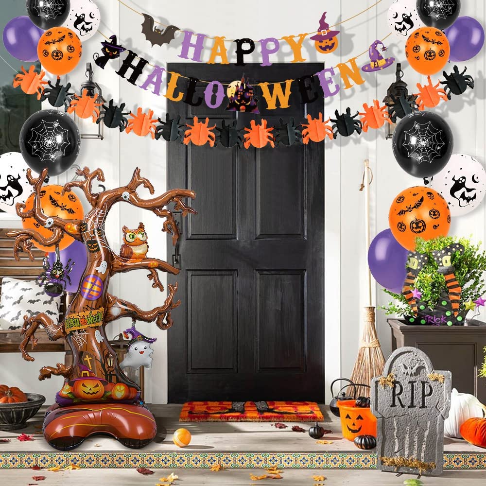 Humairc Halloween Decorations Party Decorations Halloween Balloons 2 Banner, Oversized 1 Tree with Ghost Spider Owl Pumpkin Elements for Halloween Party Decorations Halloween Decorations Outdoor