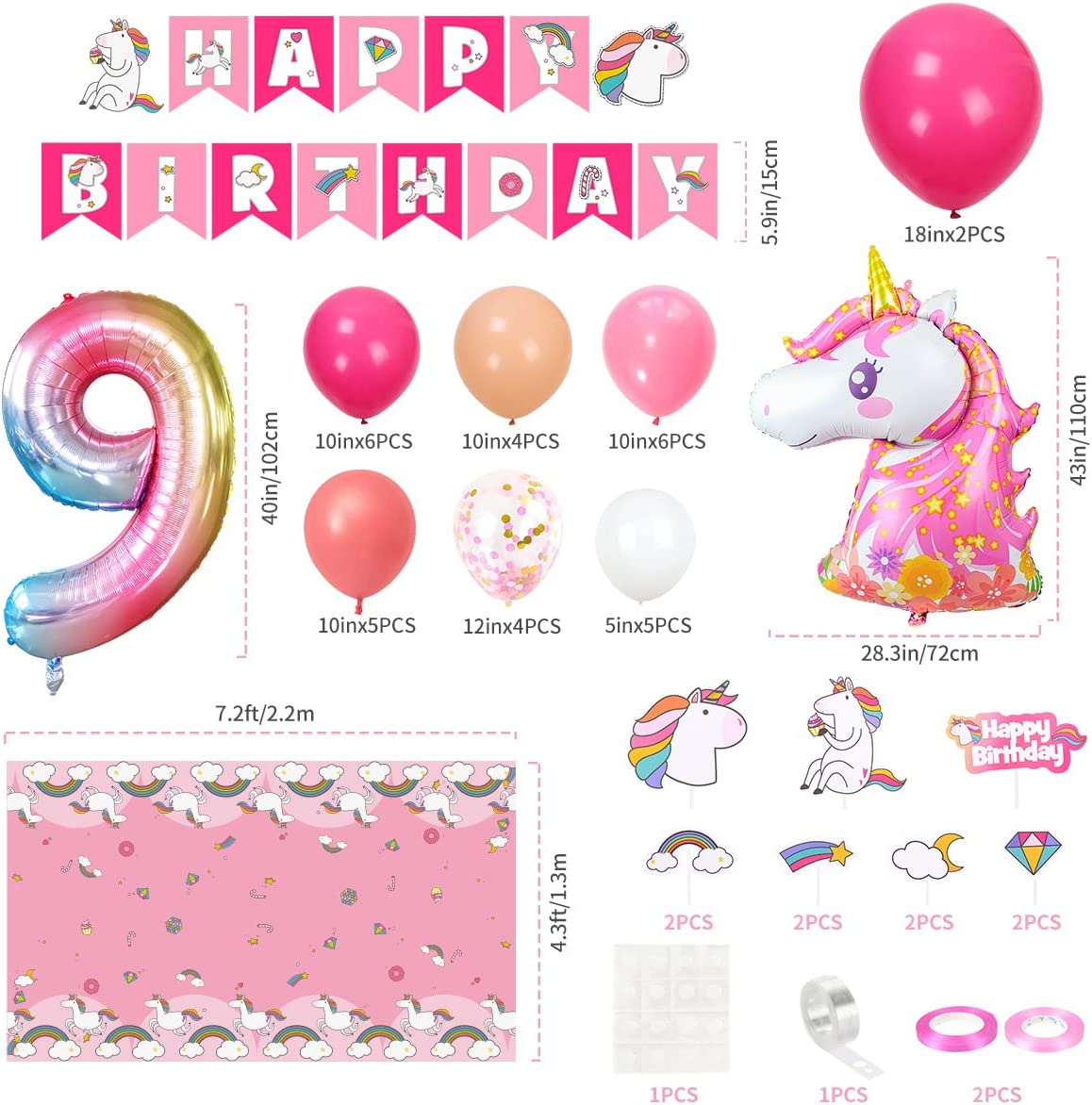 Humairc Decoration Anniversaire Licorne, Deco anniversaire Fille 9 ans Ballon Licorne Nappe Licorne Banderole Joyeux Anniversaire Decoration Gateau Grand Ballon Numéro 9, Cadeau Enfant 9 ans