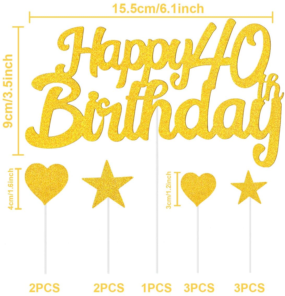 Humairc 40th Cake Toppers Men, 40th Cake Decorations Women, Gold Happy Birthday Cupcake Topper Star Heart Topper for Birthday Party Decor - 40 Years Old Birthday Cake Ideas - Boy Girl