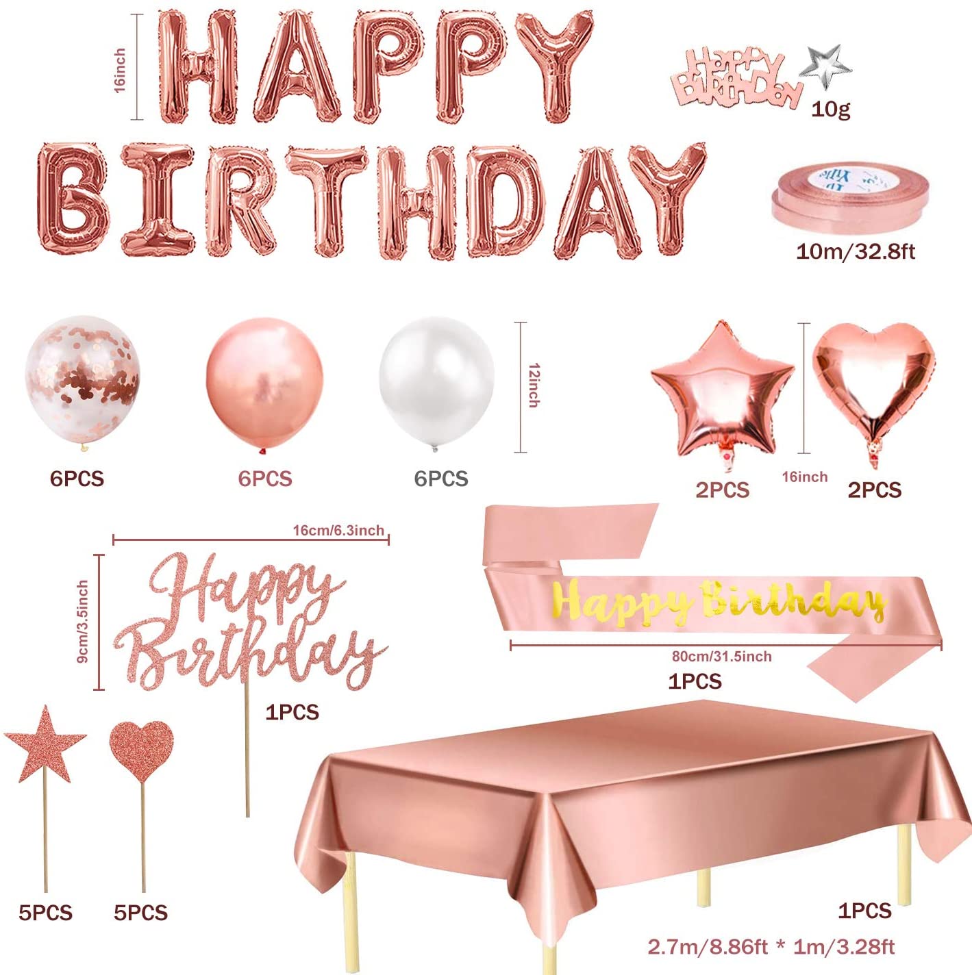 Humairc Rose Gold Birthday Decoration for Girls Women, Happy Birthday Balloons Banner Birthday Table Cloth Birthday Sash Confetti Balloon Cake Topper 10g Confetti - Lockdown Birthday Decor