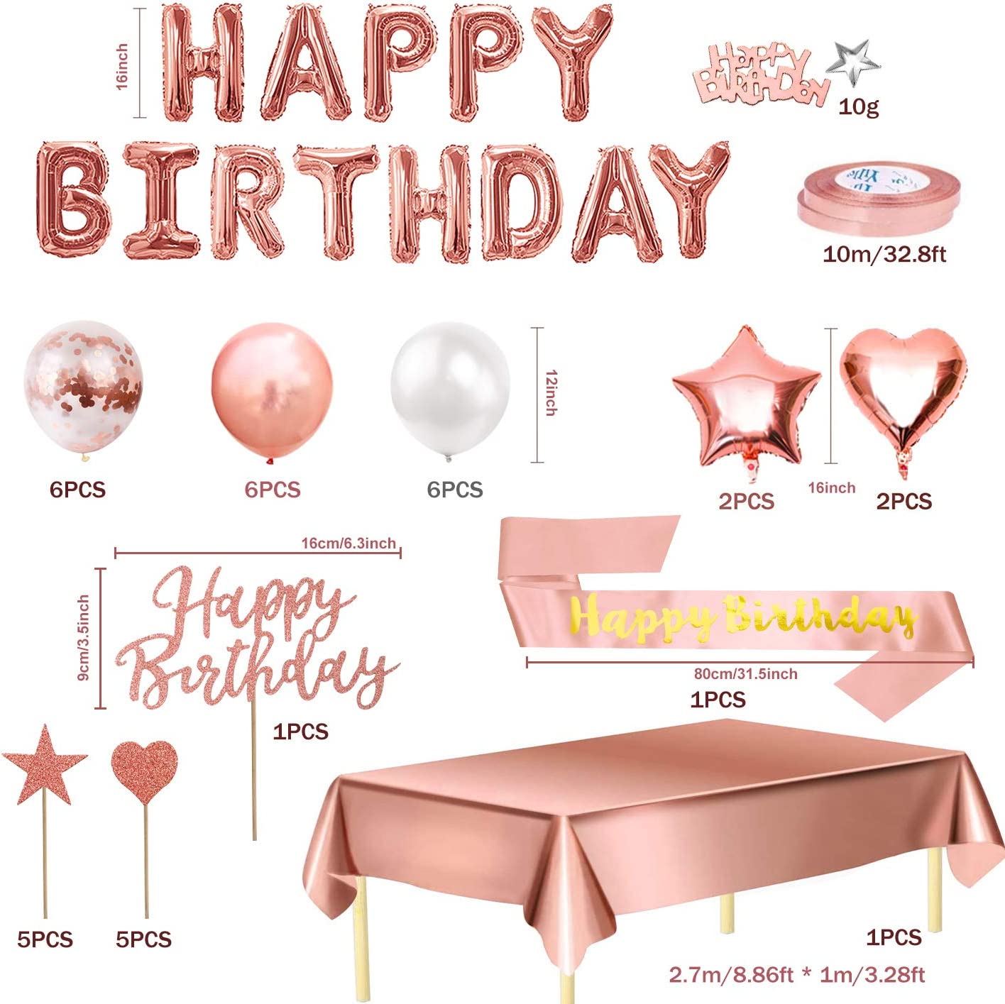 Humairc Rose Gold Birthday Decoration for Girls Women, Happy Birthday Balloons Banner Birthday Table Cloth Birthday Sash Confetti Balloon Cake Topper 10g Confetti - Lockdown Birthday Decor