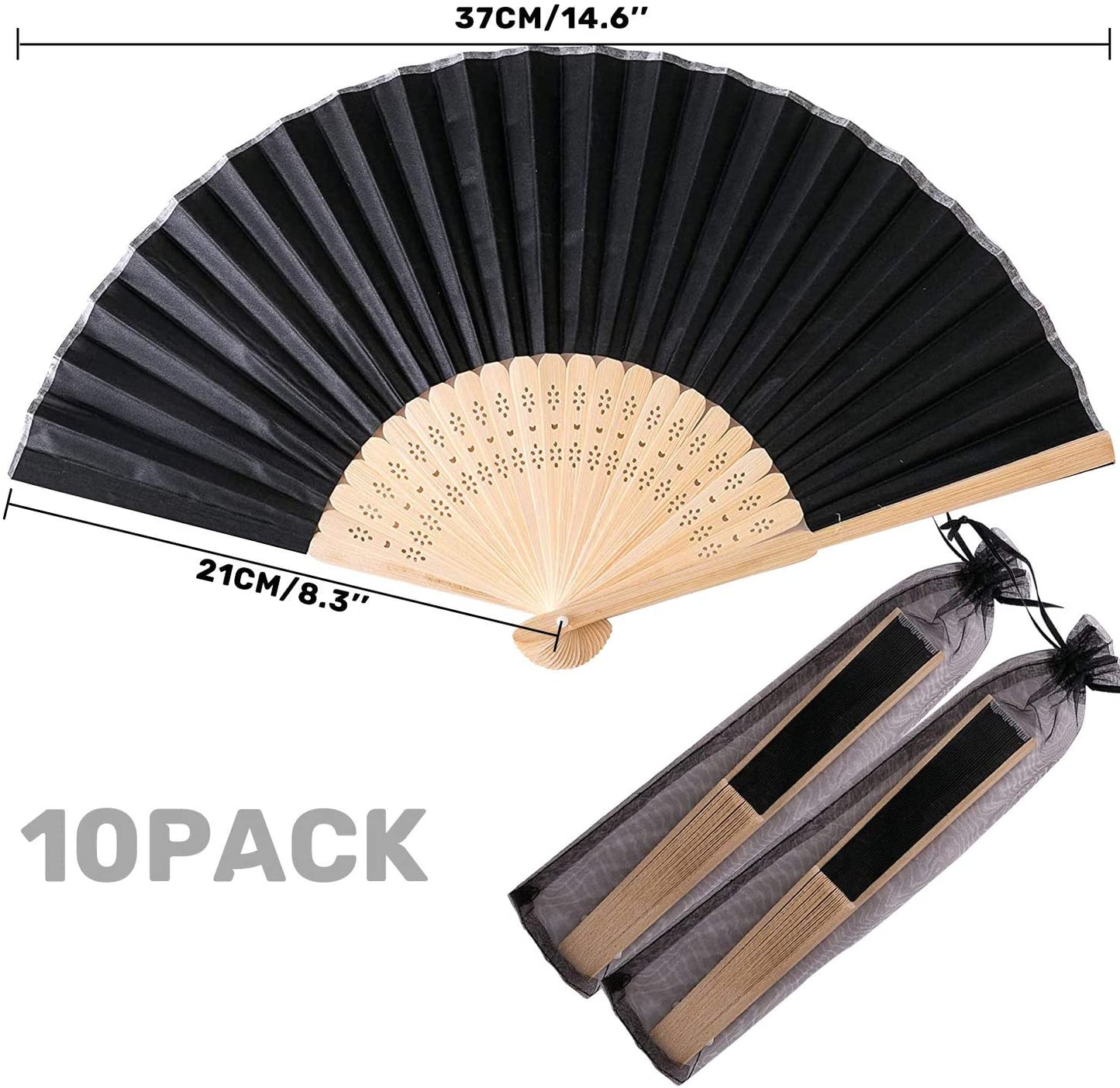 Humairc Black Wedding Fan 10pcs Cloth Folding Hand Held Fan and 10pcs Organza Bags Bamboo Chinese Fans for Church Wedding Gift Wall Decoration Party Favor DIY Wall Summer Party Guest Gifts