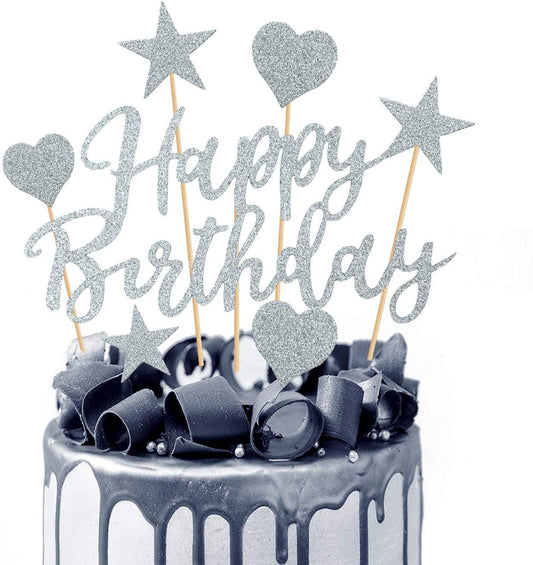 Humairc 2 Sets Silver Cake Topper Happy Birthday Cake Decoration for Girls Women Kids Shiny Silver Birthday Party Anniversary Wedding Cake Topper 22pcs (silver cake decoration)