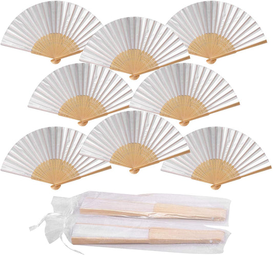 Humairc White Wedding Fan 12pcs Cloth Folding Hand Held Fan and 12pcs Organza Bags Bamboo Chinese Fans for Church Wedding Gift Wall Decoration Party Favor DIY Wall Summer Party Guest Gifts