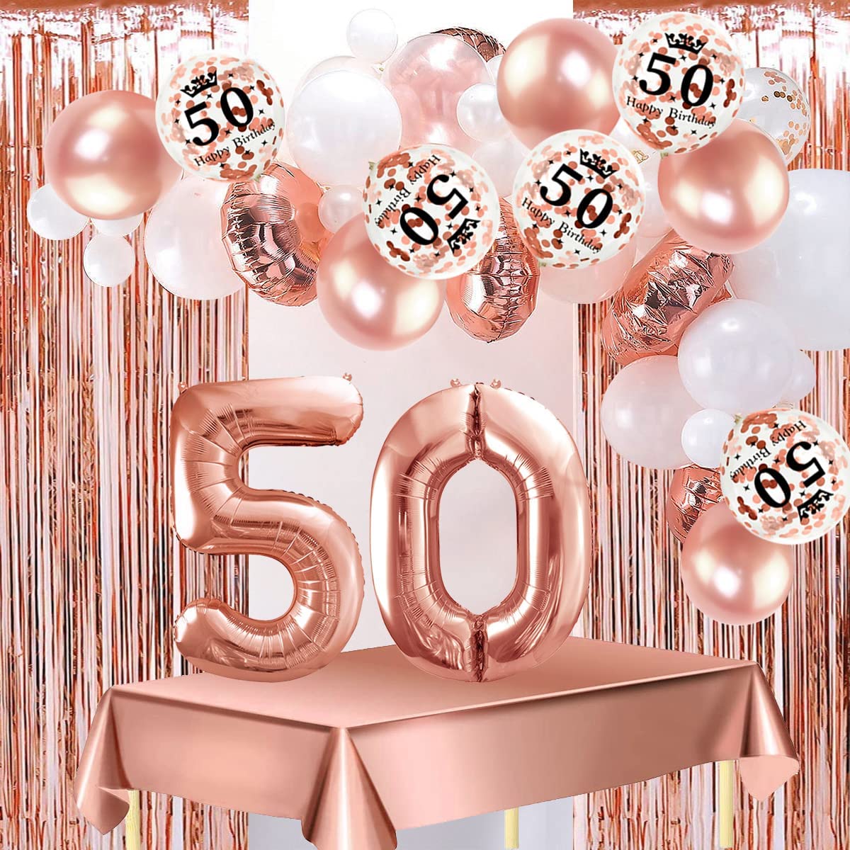 Humairc 50th Rose Gold Birthday Party Decoration for Girls Happy Birthday Banner Number 50 40inch 2 Fringe Curtain Foil Tablecloth Confetti Balloon Cake Topper Table Confetti Anniversary