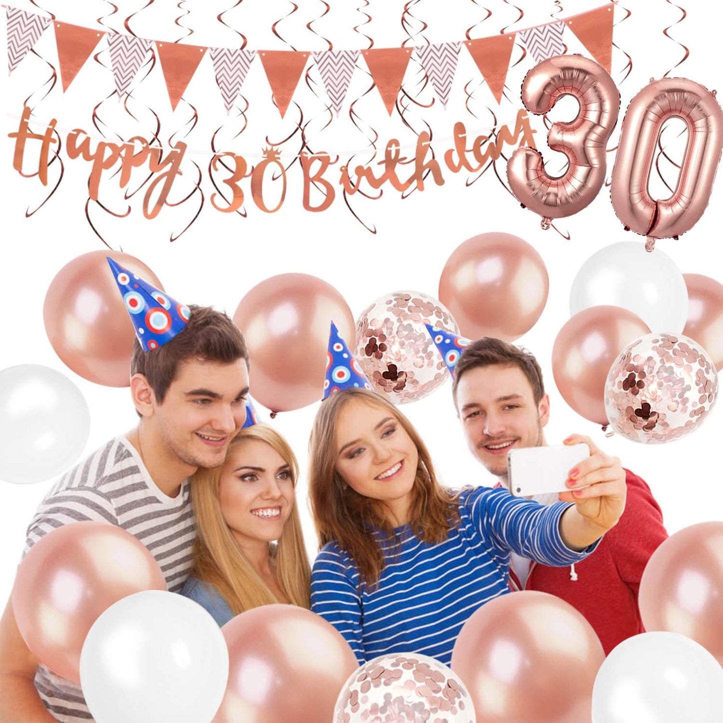 Humairc 30th Rose Gold Birthday Decorations, 30th Happy Birthday Banner Triangle Flag Banners 6pcs Hanging Swirl, Number 30 Balloons 8pcs Latex Balloons Cake Toppers Table Confetti for Women