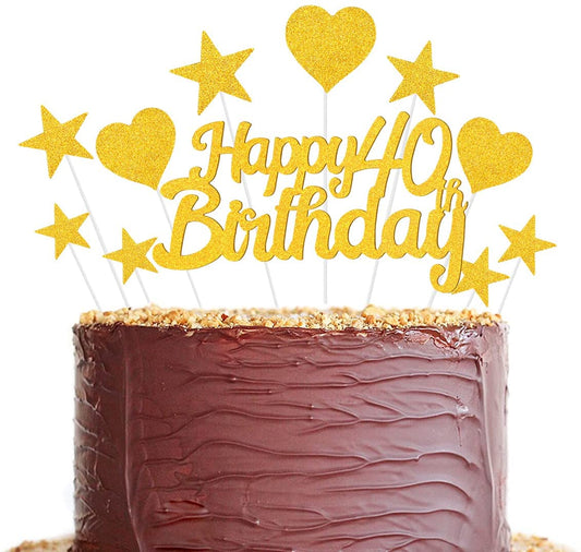 Humairc 40th Cake Toppers Men, 40th Cake Decorations Women, Gold Happy Birthday Cupcake Topper Star Heart Topper for Birthday Party Decor - 40 Years Old Birthday Cake Ideas - Boy Girl