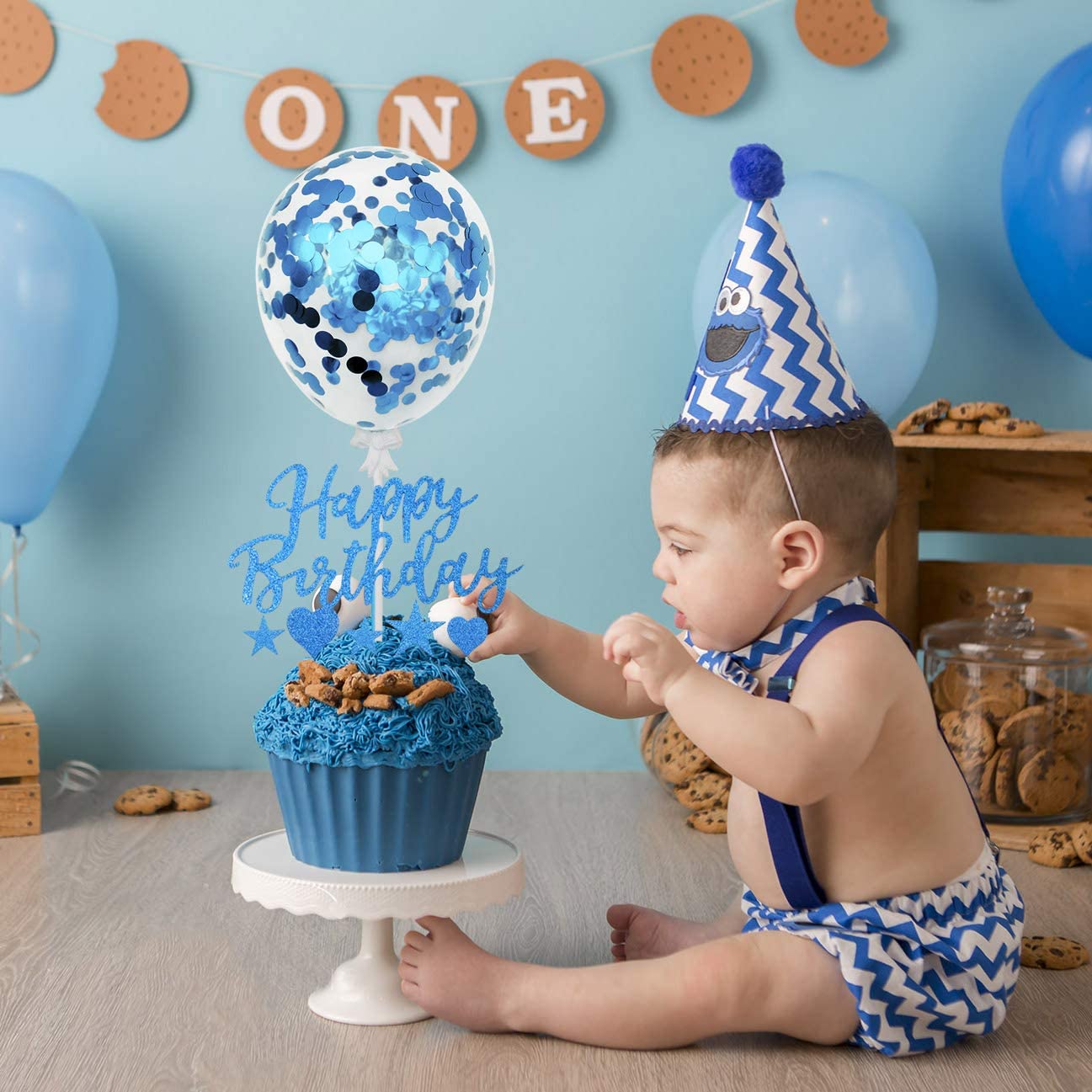 Humairc Blue Cake Topper Blue Confetti Balloon Birthday Cake Decoration Blue Cupcake Topper for Girls Women Boys Mans Kids Adults Birthday (Blue)