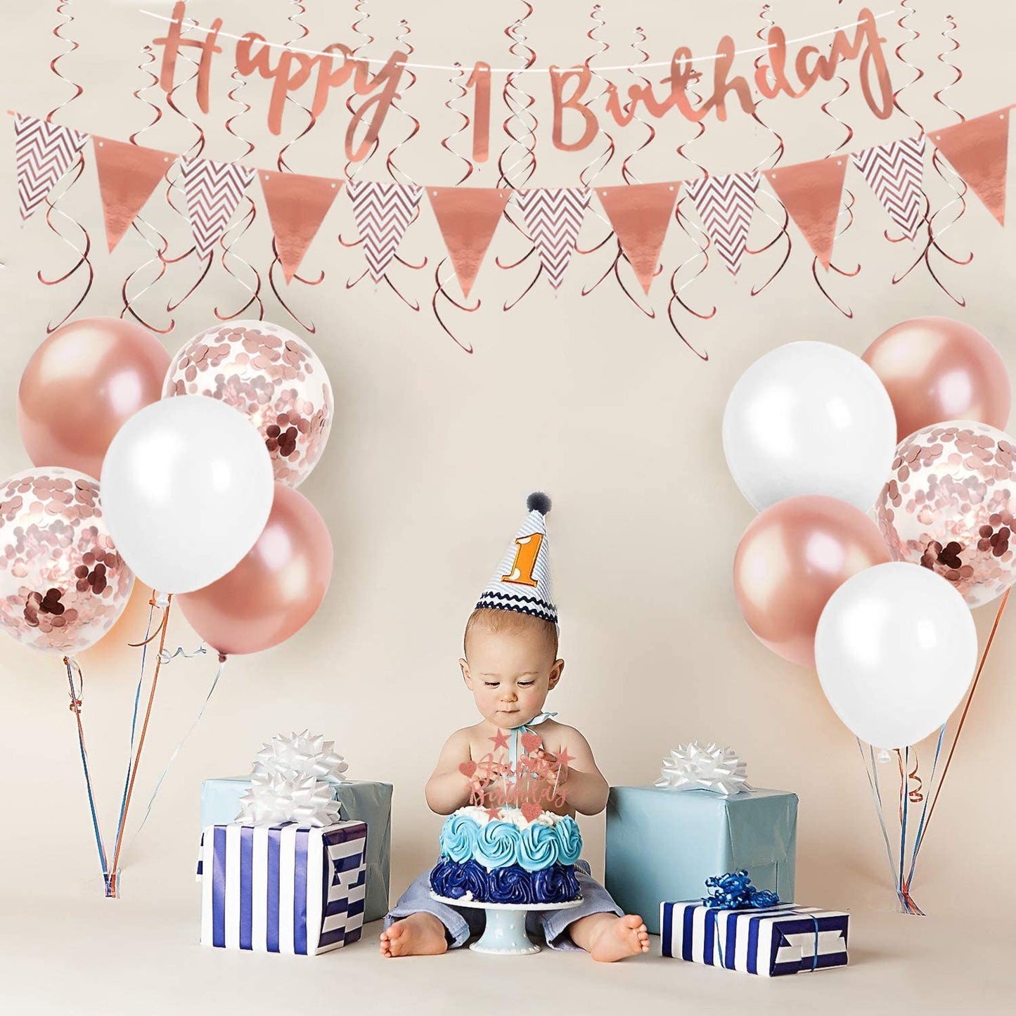 Humairc 1st Birthday Balloons Decorations for Girls, 1st Happy Birthday Banner Triangle Flag Hanging Swirl Cake Toppers Confetti - Baby Gilr First Birthday Baby Shower- Rose Gold