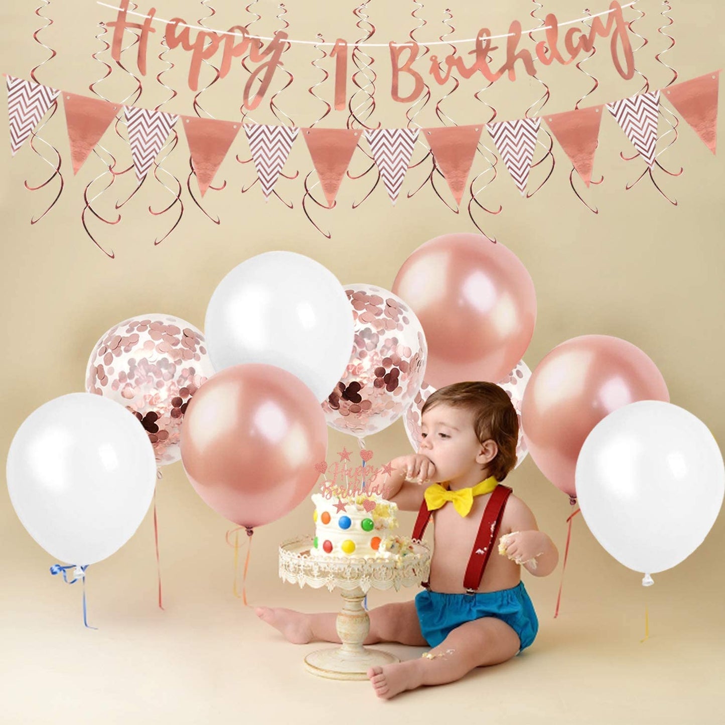 Humairc 1st Birthday Balloons Decorations for Girls, 1st Happy Birthday Banner Triangle Flag Hanging Swirl Cake Toppers Confetti - Baby Gilr First Birthday Baby Shower- Rose Gold