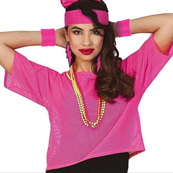 Humairc 80s Fancy Dress for Women, Costume Carnival Costume Halloween Woman 80s Accessories Costume Outfits - Headbands Wristbands 80s XXL T- Shirt Necklace Earrings