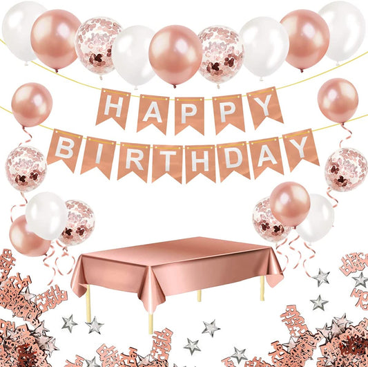 Humirc Rose Gold Birthday Decorations Included Happy Birthday Banner Rose Gold Tablecloth Birthday Balloons Confetti Balloons 10g Dining Table Confetti - Girls Ladies Birthday Party