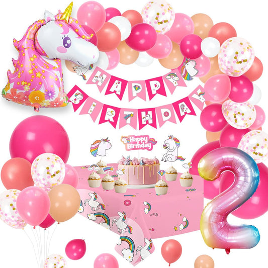 Humairc Decoration Anniversaire Licorne, Deco anniversaire Fille 2 ans Ballon Licorne Nappe Licorne Banderole Joyeux Anniversaire Decoration Gateau Grand Ballon Numéro 2, Cadeau Enfant 2 ans