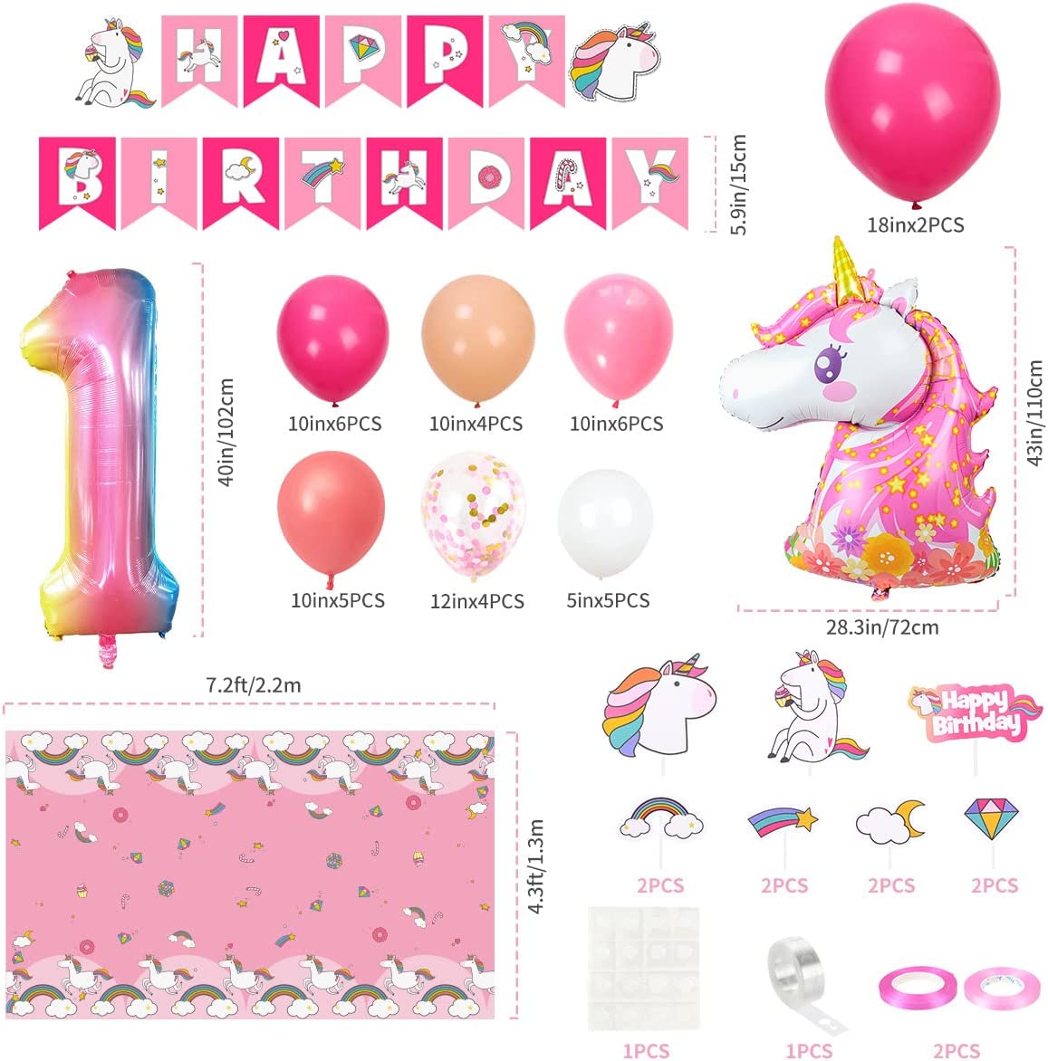 Humairc Decoration Anniversaire Licorne, Deco Anniversaire Fille 1 an Ballon Licorne Nappe Licorne Banderole Joyeux Anniversaire Decoration Gateau Grand Ballon Numéro 1, Cadeau Enfant 1 an