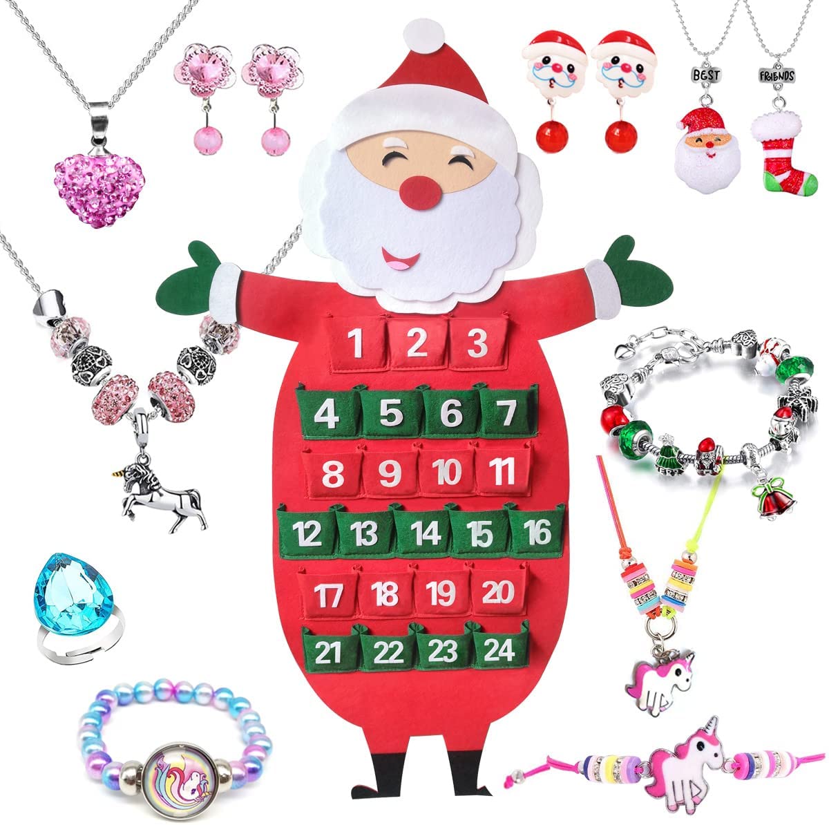 Humairc Jewelry Advent Calendar for Girls Kids 2021 Christmas, Felt Santa 24 Xmas Surprise Gifts of DIY Bracelet Necklace Earring Clip Rings Charms, 24 Days Countdown for Daughter