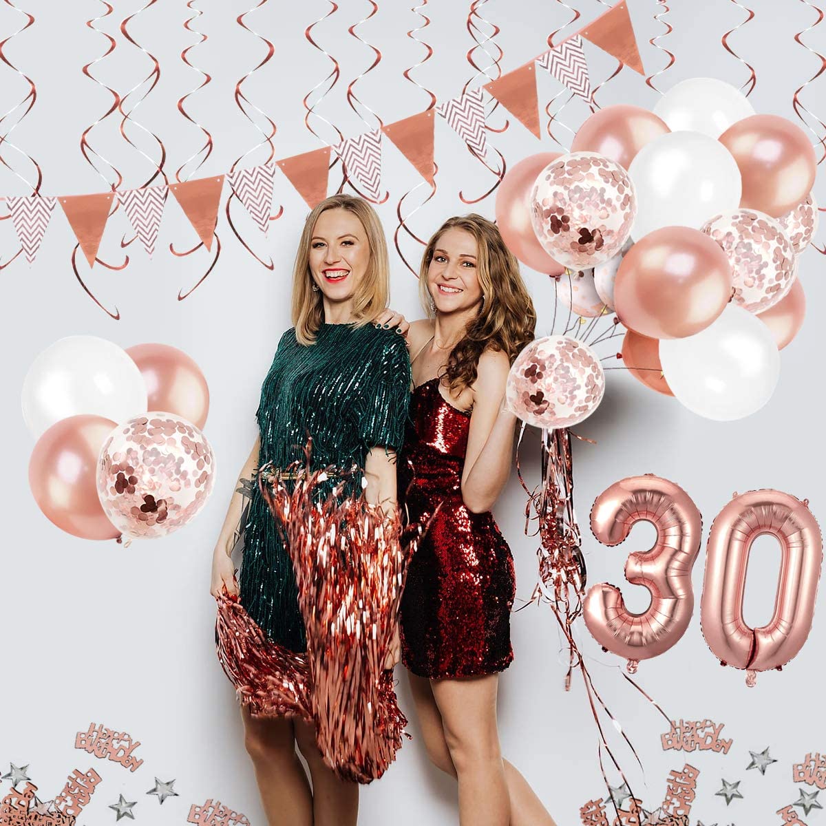 Humairc 30th Rose Gold Birthday Decorations, 30th Happy Birthday Banner Triangle Flag Banners 6pcs Hanging Swirl, Number 30 Balloons 8pcs Latex Balloons Cake Toppers Table Confetti for Women