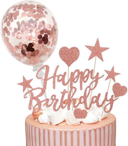 Humairc Rose Gold Cake Topper Rose Gold Confetti Balloon Birthday Cake Decoration for Girls Women Kids Shiny Cupcake Topper for Birthday Party Cake Decoration