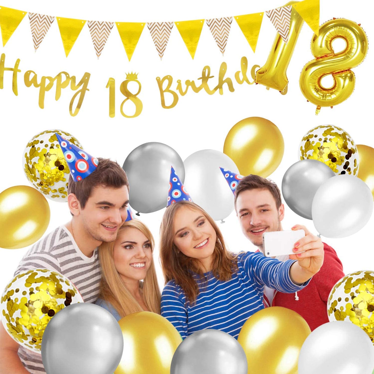 Humairc 18th Gold White Birthday Decorations, 18th Happy Birthday Banner Triangle Flag Banners 6pcs Nunber Hanging Swirl, Number 18 Balloons 8pcs Latex Balloons Table Confetti - Man Woman Boys Girls