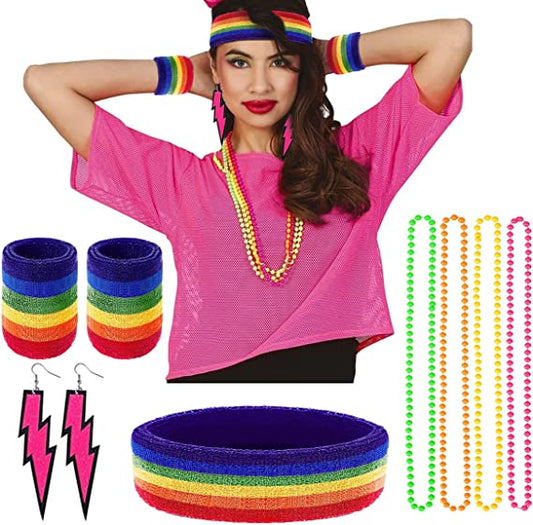 Humairc 80s Fancy Dress for Women, Costume Carnival Costume Halloween Woman 80s Accessories Costume Outfits - Headbands Wristbands 80s XXL T- Shirt Necklace Earrings