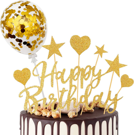 Humairc Cake Topper Gold Confetti Balloon Birthday Cake Decoration Shiny Cupcake Topper for Girls Women Boys Mans Kids Adults Birthday