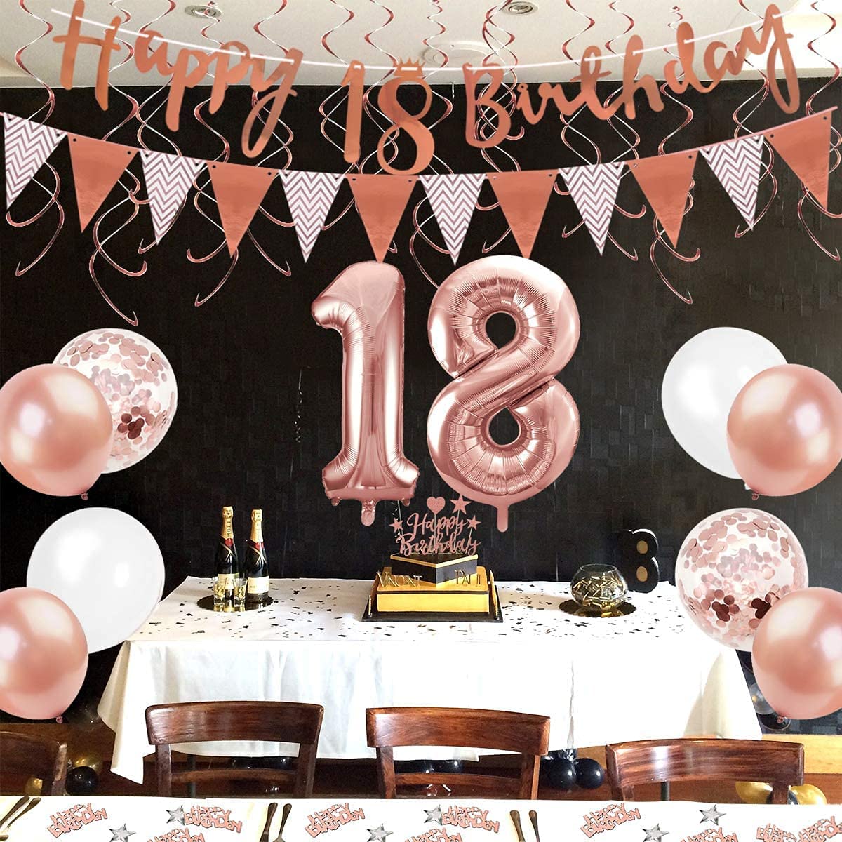 Humairc 18th Rose Gold Birthday Decorations for Girls, 18th Happy Birthday Banner Triangle Flag Banners 6pcs Hanging Swirl, Number 18 Balloons 8pcs Latex Balloons Cake Toppers Table Confetti