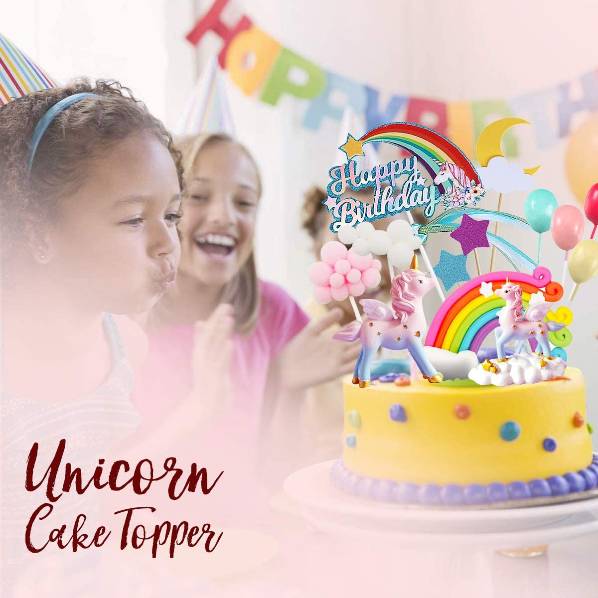 Humairc Unicorn Cake Decoration Rainbow Unicorn Cake Topper Happy Birthday Topper Cloud Balloons Moon Stars Cupcake Topper for Girl Kid Women Birthday Party Wedding Anniversary Decoration