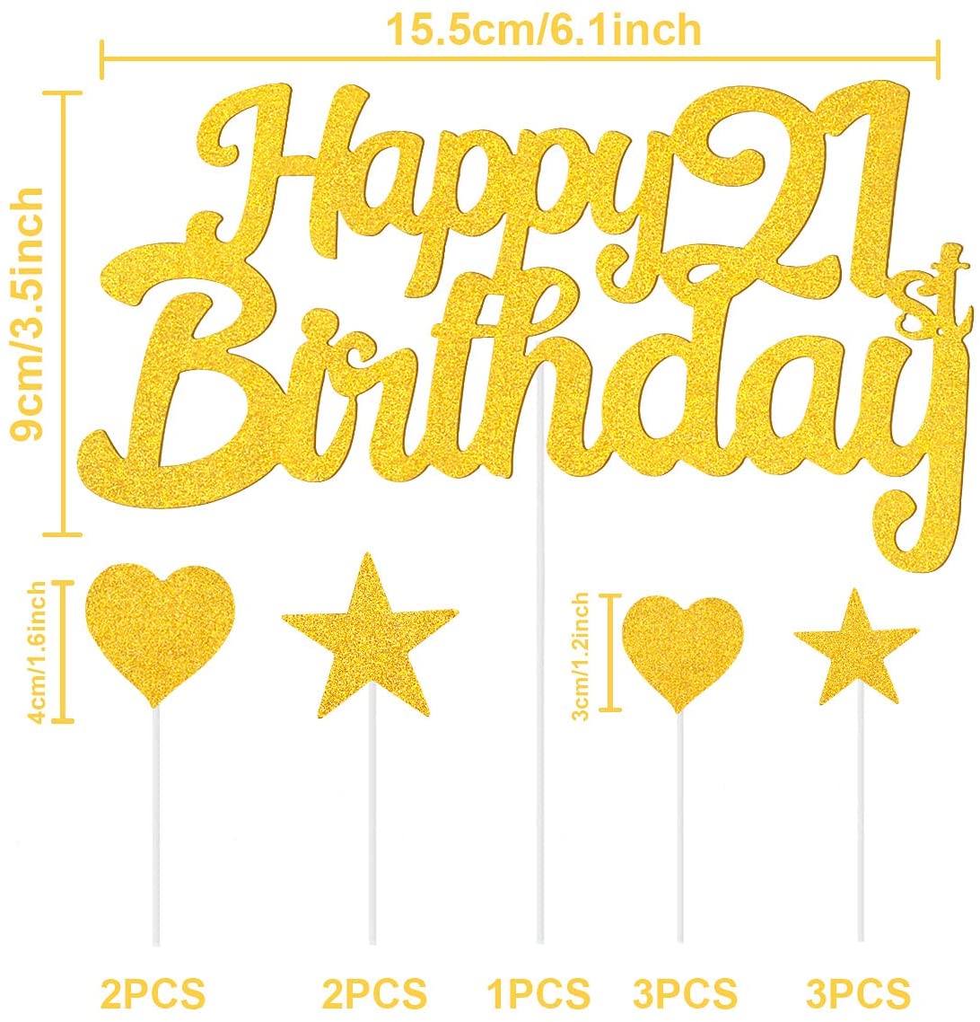 Humairc 21st Cake Toppers Men, 21st Cake Decorations Women, Gold Happy Birthday Cupcake Topper Star Heart Topper for Birthday Party Decor - 21 Years Old Birthday Cake Ideas - Boy Girl