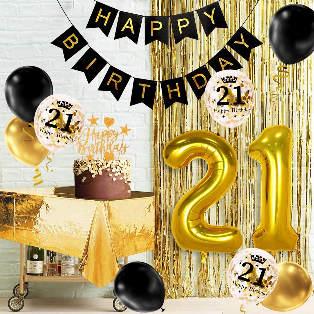 Humairc 21st Black Gold Birthday Party Decoration Happy Birthday Banner Balloon 21 40inch 2 Fringe Curtain Foil Tablecloth Confetti Balloon Cake Topper Table Confetti Kids Adult Man Woman