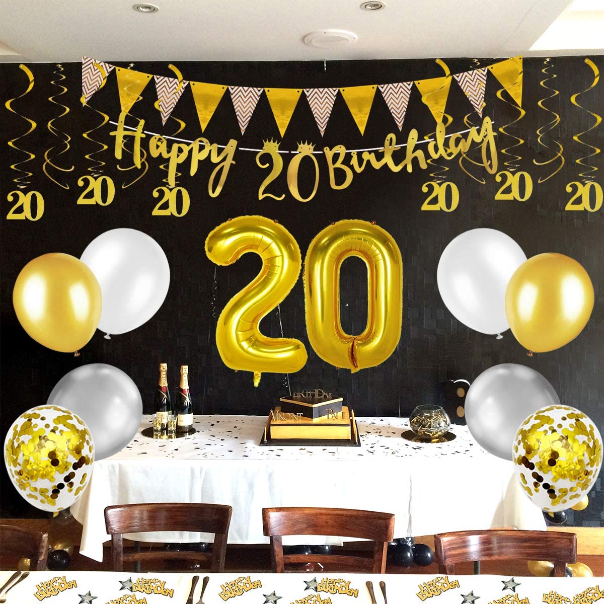 Humairc 20th Gold White Birthday Decorations, 20th Happy Birthday Banner Triangle Flag Banners 6pcs Nunber Hanging Swirl, Number 20 Balloons 8pcs Latex Balloons Table Confetti - Man Woman Boys