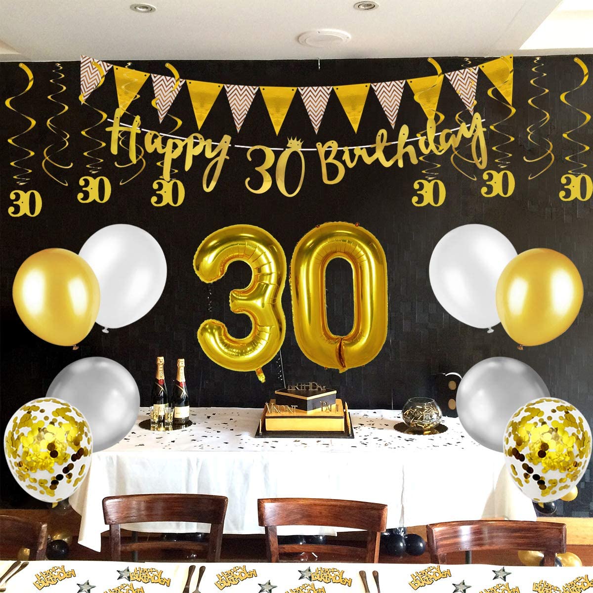 Humairc 30th Gold White Birthday Decorations, 30th Happy Birthday Banner Triangle Flag Banners 6pcs Nunber Hanging Swirl, Number 30 Balloons 8pcs Latex Confetti Balloons Table Confetti-Man Lady