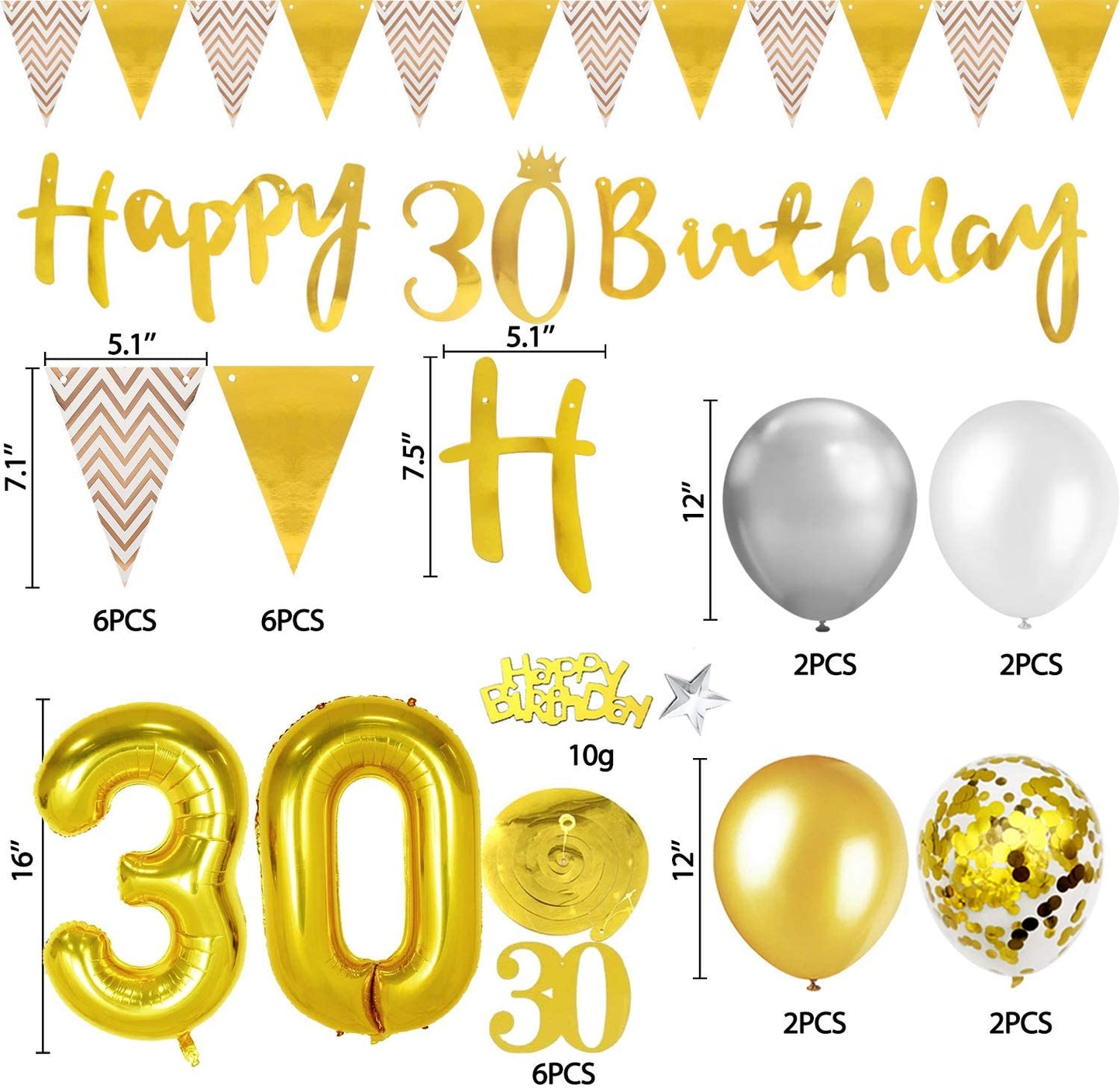 Humairc 30th Gold White Birthday Decorations, 30th Happy Birthday Banner Triangle Flag Banners 6pcs Nunber Hanging Swirl, Number 30 Balloons 8pcs Latex Confetti Balloons Table Confetti-Man Lady