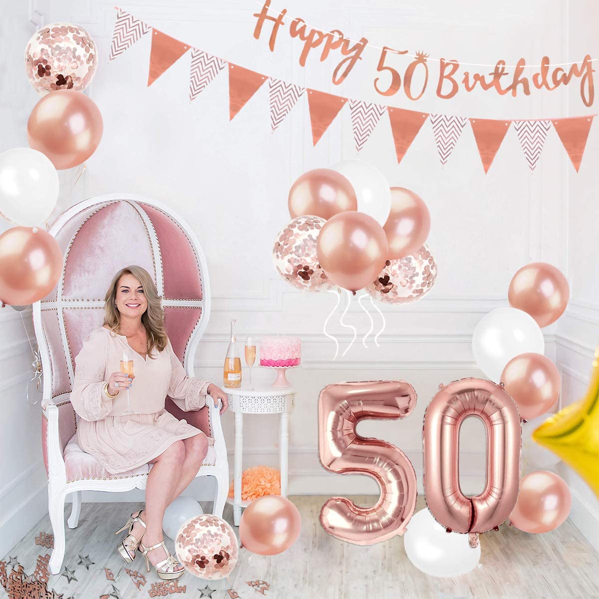 Humairc 50th Rose Gold Birthday Decorations, 50th Happy Birthday Banner Triangle Flag Banners 6pcs Hanging Swirl, Number 50 Balloons 8pcs Latex Balloons Cake Toppers Table Confetti for Women