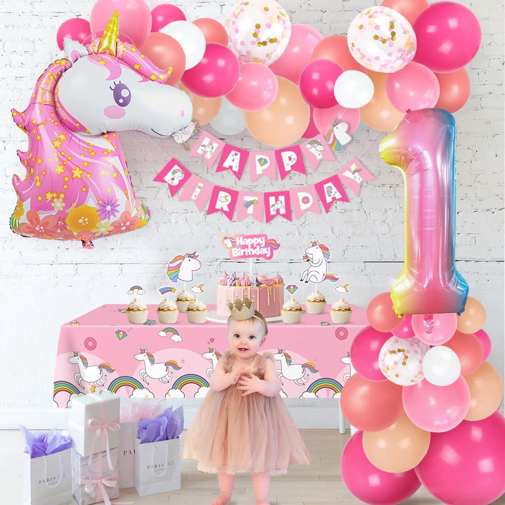 Humairc Decoration Anniversaire Licorne, Deco Anniversaire Fille 1 an Ballon Licorne Nappe Licorne Banderole Joyeux Anniversaire Decoration Gateau Grand Ballon Numéro 1, Cadeau Enfant 1 an