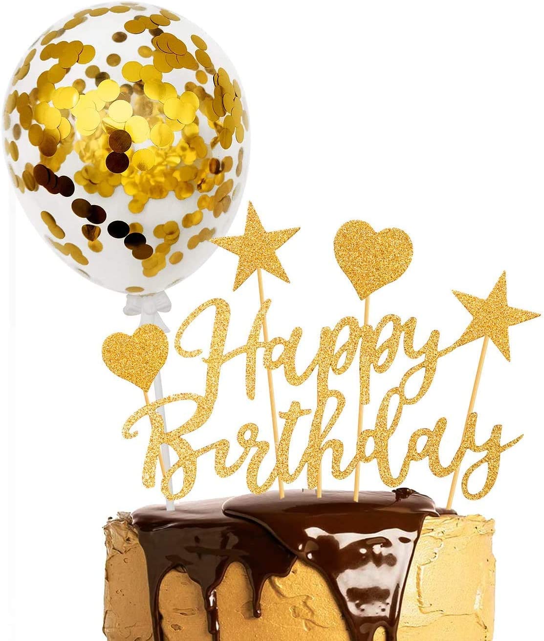 Humairc Cake Topper Gold Confetti Balloon Birthday Cake Decoration Shiny Cupcake Topper for Girls Women Boys Mans Kids Adults Birthday
