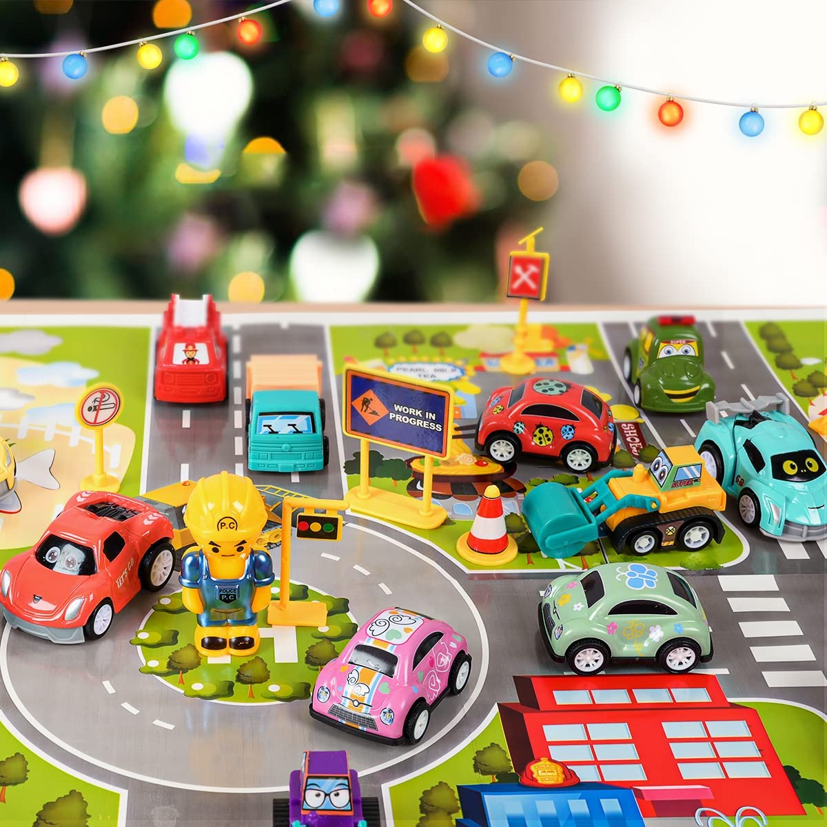 Humairc Cars Advent Calendar 2023 Kids, 24 Pull Back Vehicles as Construction Vehicles School Cars with Game Map - 24 Days of Countdown to Christmas Surprise Gifts for Son Grandson Children