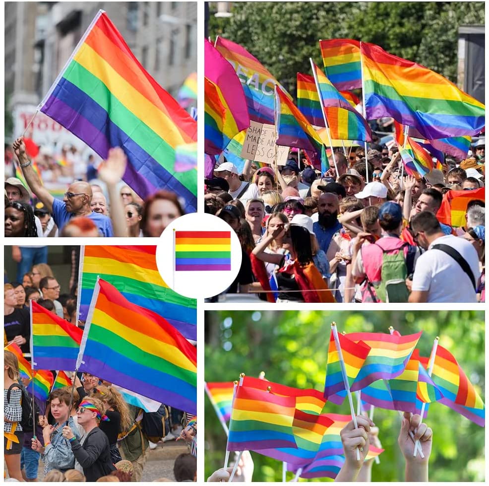 Humairc Pride Flag, LGBT Gay Pride Flag, 90 * 150 cm Big Pride Flag 8 Pcs 14 * 21 cm Proud Hand Waving Flag - Gay Pride Parade Pride Day Decoration