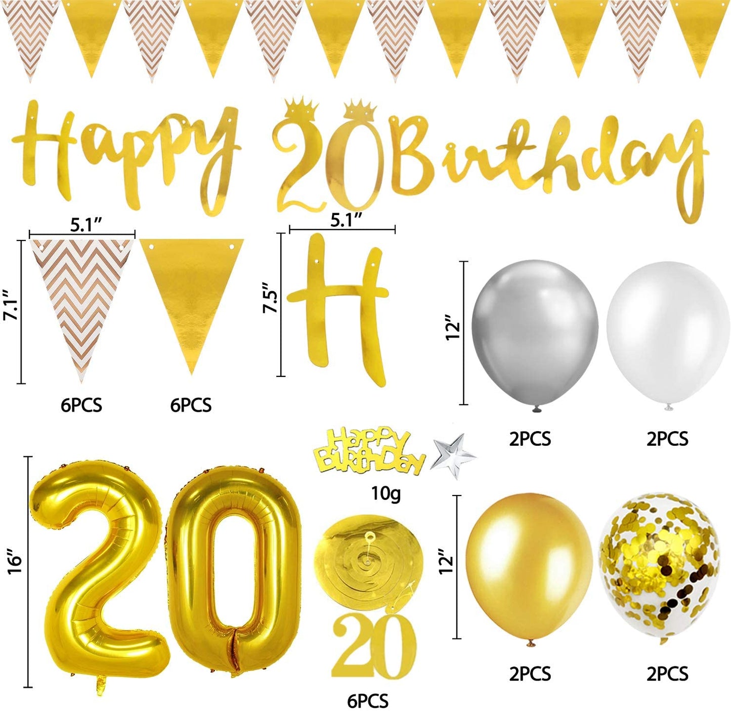 Humairc 20th Gold White Birthday Decorations, 20th Happy Birthday Banner Triangle Flag Banners 6pcs Nunber Hanging Swirl, Number 20 Balloons 8pcs Latex Balloons Table Confetti - Man Woman Boys