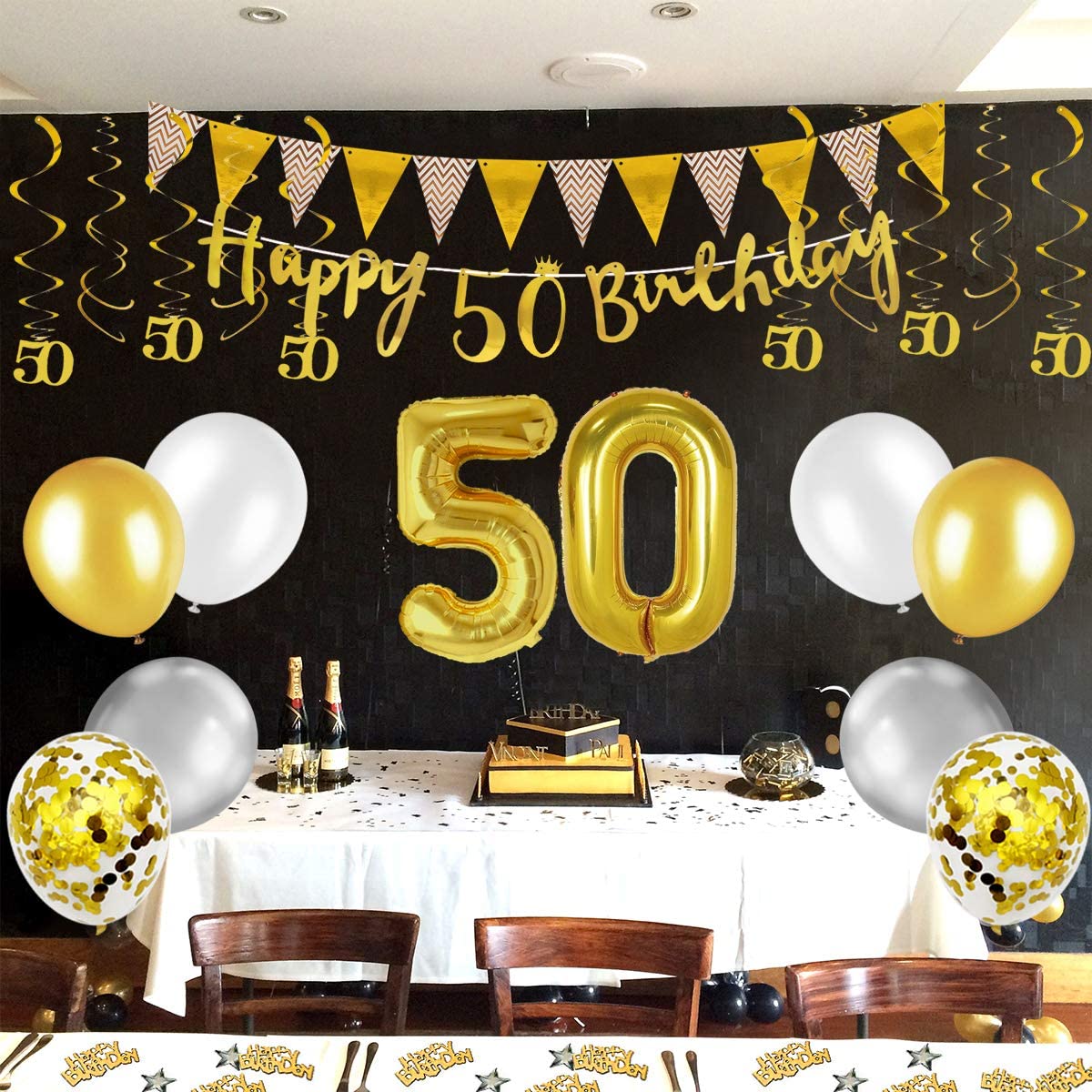 Humairc 50th Gold White Birthday Decorations, 50th Happy Birthday Banner Triangle Flag Banners 6pcs Nunber Hanging Swirl, Number 50 Balloons 8pcs Latex Confetti Balloons Table Confetti-Man Lady