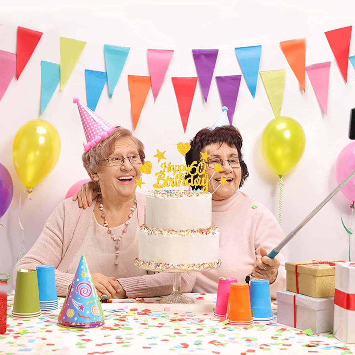 Humairc 60th Cake Toppers Men, 60th Cake Decorations Women, Gold Happy Birthday Cupcake Topper Star Heart Topper for Birthday Party Decor - 60 Years Old Birthday Cake Ideas - Boy Girl