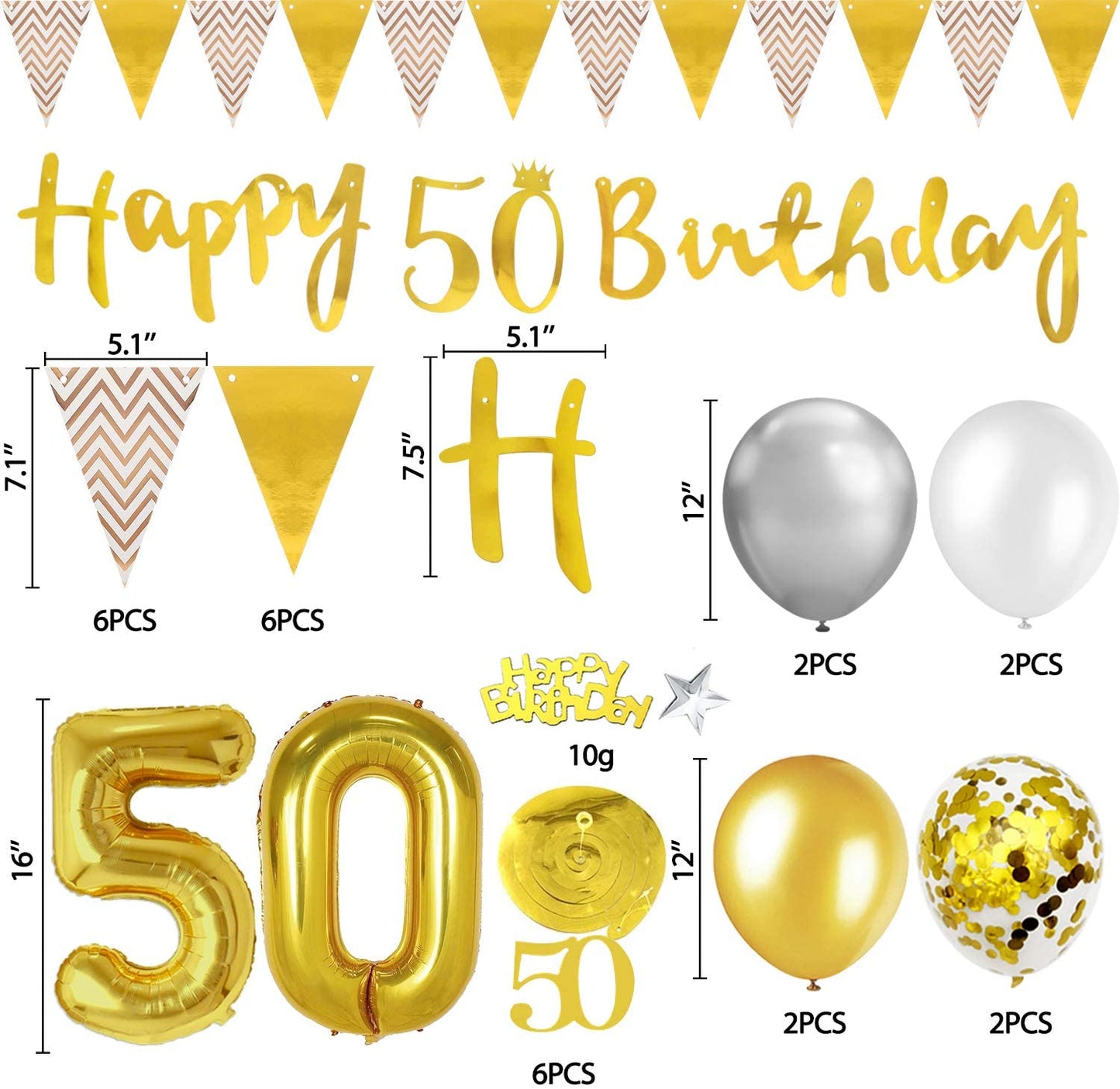 Humairc 50th Gold White Birthday Decorations, 50th Happy Birthday Banner Triangle Flag Banners 6pcs Nunber Hanging Swirl, Number 50 Balloons 8pcs Latex Confetti Balloons Table Confetti-Man Lady