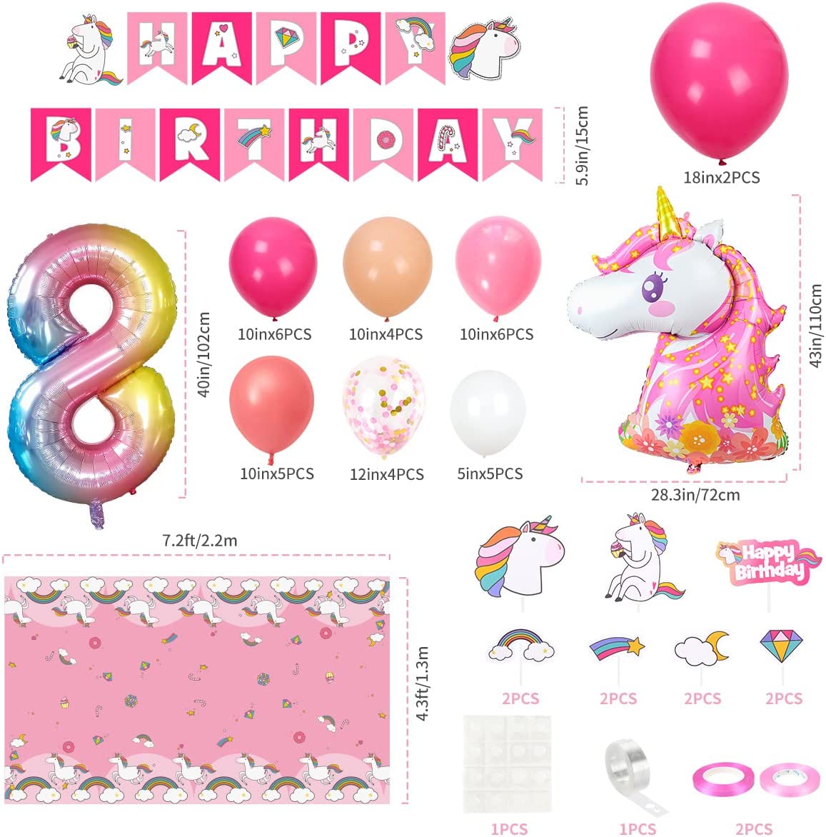 Humairc Decoration Anniversaire Licorne, Deco Anniversaire Fille 8 Ans Ballon Licorne Nappe Licorne Banderole Joyeux Anniversaire Decoration Gateau Grand Ballon Numéro 8, Cadeau Enfant 8 Ans