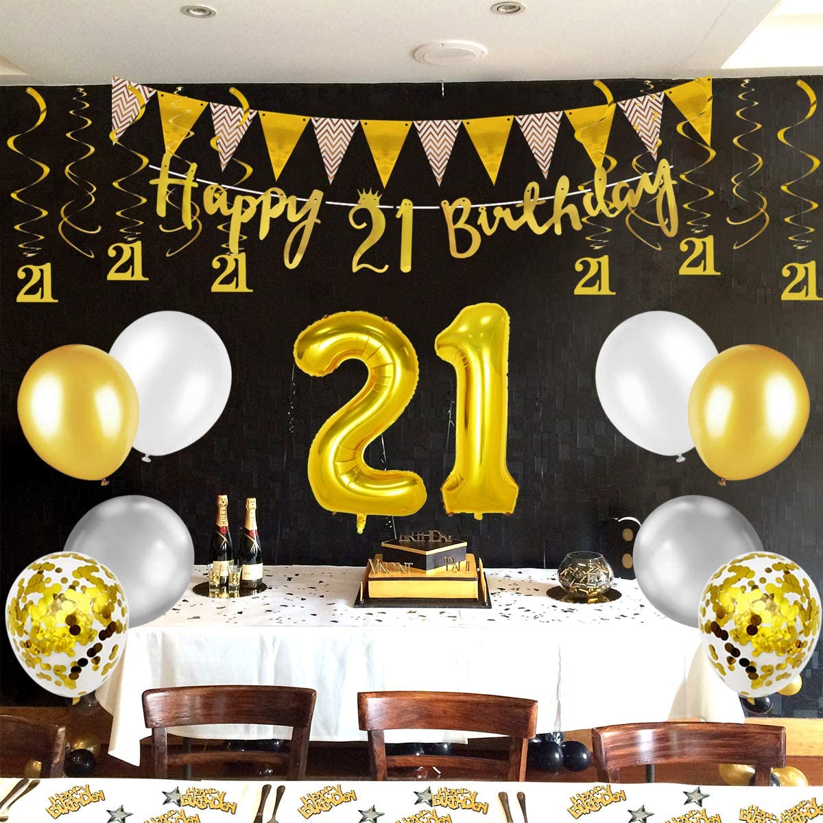 Humairc 21st Gold White Birthday Decorations, 21st Happy Birthday Banner Triangle Flag Banners 6pcs Nunber Hanging Swirl, Number 21 Balloons 8pcs Latex Balloons Table Confetti - Man Woman Boys