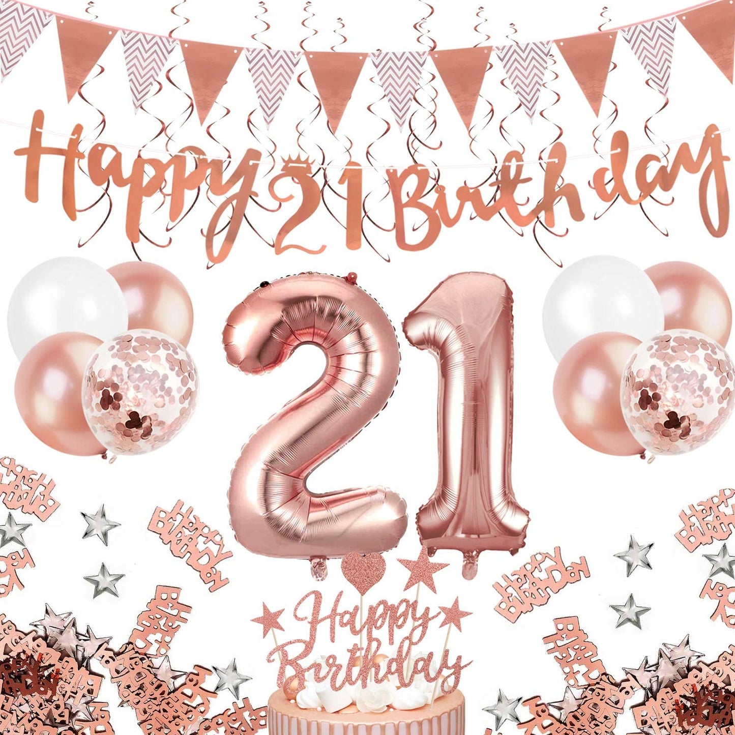 Humairc 21st Rose Gold Birthday Decorations, 21st Happy Birthday Banner Triangle Flag Banners 6pcs Hanging Swirl, Number 21 Balloons 8pcs Latex Balloons Cake Toppers Table Confetti for Women Girls