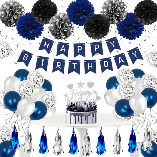 Humairc Mens Birthday Decorations Set with Happy Birthday Banner, Blue and Silver Balloons, Confetti Balloons, Paper Balls, Cake Toppers, Hanging Silver Swirls, Streamer Tassels