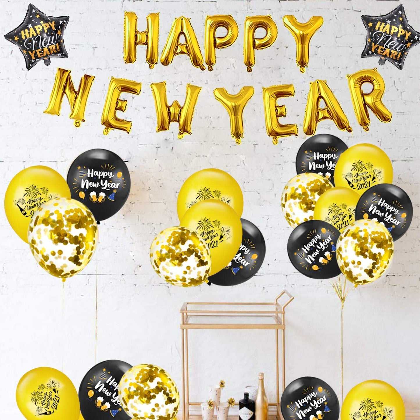 Humairc 2022 Happy New Year Balloon Decoration Black Gold, Gold HAPPY NEW YEAR banner Balloons, Huge Gold 2022 Balloon Star Confetti Balloon for Adult Kids