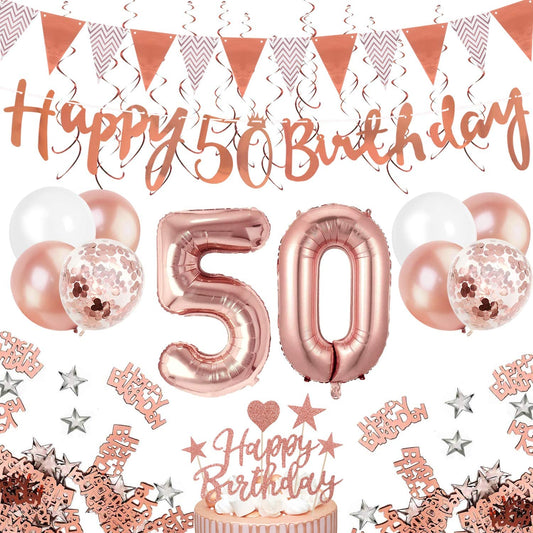 Humairc 50th Rose Gold Birthday Decorations, 50th Happy Birthday Banner Triangle Flag Banners 6pcs Hanging Swirl, Number 50 Balloons 8pcs Latex Balloons Cake Toppers Table Confetti for Women