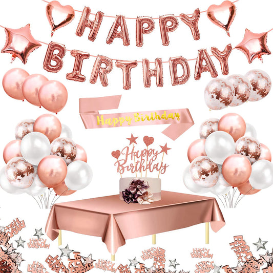 Humairc Rose Gold Birthday Decoration for Girls Women, Happy Birthday Balloons Banner Birthday Table Cloth Birthday Sash Confetti Balloon Cake Topper 10g Confetti - Lockdown Birthday Decor